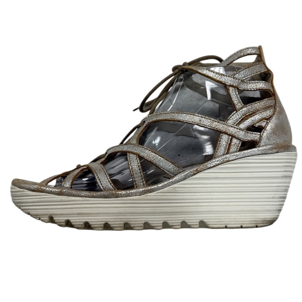 FLY LONDON Silver Metallic Lace Up Wedge Gladiator Sandals Size 39